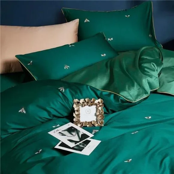 NEW Anthro Emerald Green Bee Boho Queen / King Size Bedding Duvet Sham Case Set - Picture 4 of 13